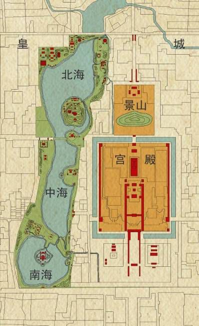 清乾隆西苑平面示意图西苑琼华岛鸟瞰图北京故宫,景山与西苑三海的